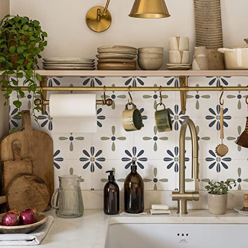 Credence Adhesive Pour Cuisine -Fleurs Vertes Salle De Bains Et Cuisine Stickers Carrelage, PVC Imperméable Credence Adhesive Décorative à Carreaux,Stickers Auto-Adhésif 36 Pièces(20x20cm)