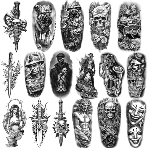 Tatouage temporaire noir pour hommes et femmes, 77 feuilles de faux tatouages ​​réalistes et imperméables, autocollants de tatouage à motif d'épée de clown de voleurs de bouledogues