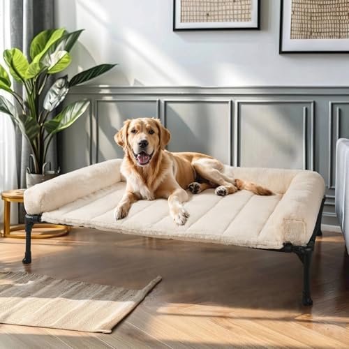 Veehoo Cooling Elevated Dog Bed with Fluffy Plush Bolster Cushion, Indoor Raised Dog Beds for Large Dogs, Soft Pet Sofa Cot with Removable Washable Mat, No-Slip Feet, 42 x 30 inches, Cream White