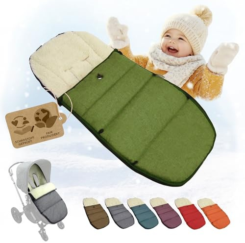 Fotsäck [vinteråkpåse] babyåkpåse kompatibel med Bugaboo barnvagnsmodeller lammull sittdyna, justerbar (grön)
