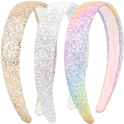 NISENTIA Haarreif Glitzer, 3 Stück Haarreifen Mädchen, Headband Kinder Breite Dicke Stirnbänder Bling Rutschfestes Regenbogen Haarreif Haarschmuck Buntes Haar-Accessoire für Kleine Mädchen
