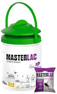 MASTERLAC - Atrapa Moscas Exterior - Trampa Moscas con Cebo - Atrapa hasta 18.000 Moscas - Atracción Total durante 15 Días - Rellenar con Agua - Trampa Reutilizable