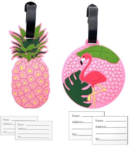 2 Stück Kofferanhänger Koffer Rosa Flamingo Ananas Gepäckanhänger Silikon Gepäck Handtasche Tag ID Etikett Koffer Tasche Etiketten Name Adresse Schilder Reisezubehör für Frauen Mädchen