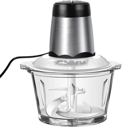 Mini Electric Food Chopper with Glass Bowl 2L 300W Processor for Vegetables, Nuts, Meat 4 Blades Dicer & Grinder for Kitchen