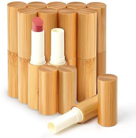 12 Stück Leer Lippenstift Kunststoff Lippenstifthülsen mit Bambusschale, MERYSAN 5ml Nachfüllbar Leer Lippenbalsam Hülsen DIY Lippen Balm Tubes Container Hausgemachte Lippenbalsams (Weiß)