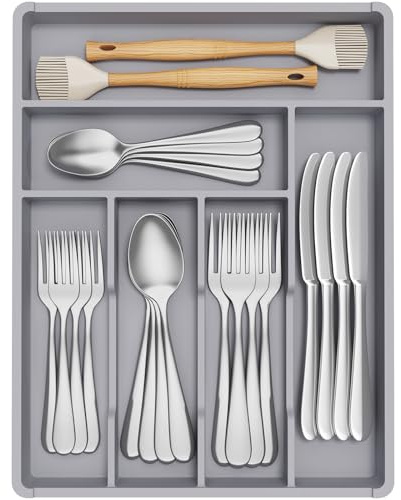 Lifewit Range Couvert Tiroir, Organisateur Couverts Tiroir Cuisine, 31x41 cm, Rangement pour Vaisselle, Bac de Rangement pour Cuillères/Fourchettes/Couteaux/Vaisselle, 6 Compartiments, Gris
