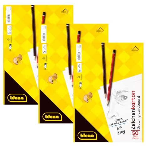 Idena 90296 - Zeichenkarton DIN A4, 3 Zeichenblöcke mit je 50 Bogen Papier, 250 g/m², FSC-Mix