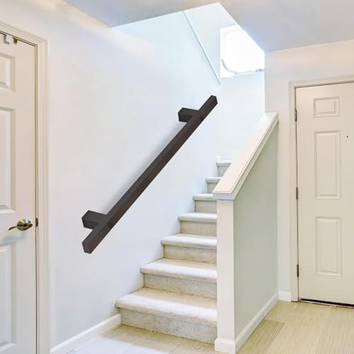 Lonmrrton Schwarzer Metallhandlauf Treppengeländer für drinnen und draußen, Wandmontage Treppenbalustrade Vierkantrohr Rutschfester Sicherheitshaltegriff für Garten, Dachboden, Villa, Keller(30cm)