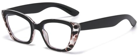 LJCZKA Kattögon, blåljusfilter, glasögon för kvinnor, glasögon utan tjocklek, cateye tjock ram, anti-trötthet, datorglasögon för spel, mobiltelefon och TV, Svart leopard, 22-48-141