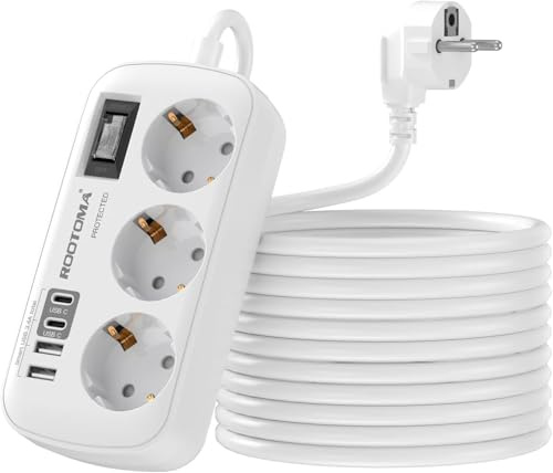 Regleta Alargador de 5 Metros con Interruptor, 3 Tomas 4 USB