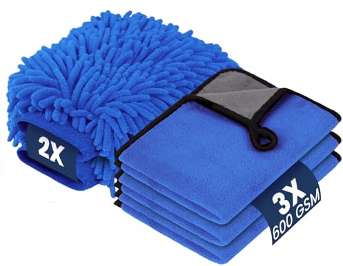 vsshe Car Washing Kit, 3 Microfiber Cleaning Cloths(Coral Fleece) 600 GSM and 2 Chenille Wash Mitts, Drying Towels, Highly Absorbent 100% Scratch-Free, for Home and Car Washing, Detailing 40 x 30 cm