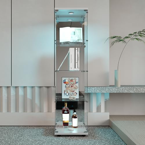 BRYXR Glasvitrine,Sammlervitrine,Glas Vitrine mit 1 Türen 4 Einlegeböden, mit LED und Schloss, Transparente Vitrine, Geeignet für Wohnzimmer, Schlafzimmer, Büro Glasvitrine