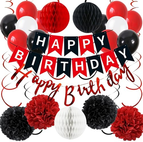Deko Geburtstag Ballons Girlande Set - Geburtstagsdeko Happy Birthday Banner Luftballons und Spiralen, Papier Pompons Wabenbälle für Frauen Mann Mädchen Jungen Geburtstagsfeier