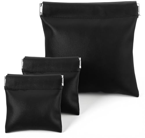 3 Pcs PU Leather Change Holder Squeeze Coin Purse Set Self-Closing Coin Pouch for Men No Zipper Small Change Purse Black Portable Small Makeup Bag Storage Travel fit Cosmetics Headphones Jewelry Women
