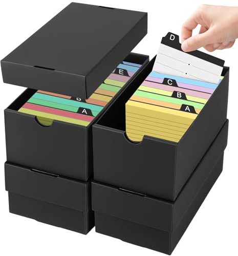 4Pcs Caja para Flashcards A7, para Tarjetas Estudio 74×105mm, Capacidad 980 Fichas, Caja de Aprendizaje Negra para Notas, Recetas, Lernbox für Schulsachen, Büro, Zuhause