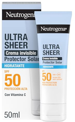 Neutrogena Ultra Sheer Invisible Fuktighetskräm SPF50 (50 ml), brett spektrum 50 ansiktssolskyddsmedel, hypoallergen och icke-fet ansiktsfuktkräm, vattentät solkräm