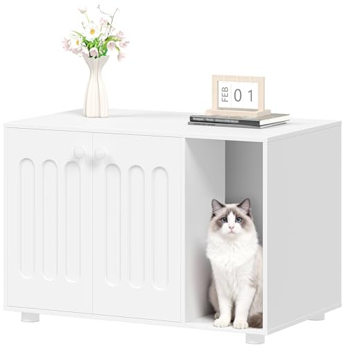 Hzuaneri Katzenschrank, 80 cm Katzenklo-Schrank mit Füßen, Weiß | Katzenhaus mit Tür und Separater Trennwand, Modernes Design, Stabiler Katzenschrank, 80 x 48 x 51 cm CB87903X