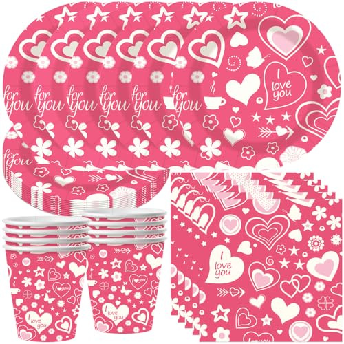 JAHEMU Vaisselle de Fête en Forme de Coeur pour la Saint-Valentin Fournitures de Fête Amour Vaisselle Jetable Set Mariage Fiançailles Fête Assiettes Gobelets Serviettes 10 Invités