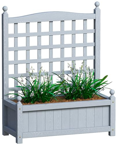 Outsunny Garden Planters with Trellis, 64 x 28 x 75 cm, Grey | Wooden Raised Beds for Garden, Free Standing Flower Pot, Indoor Outdoor Display Rack for Climbing Vines