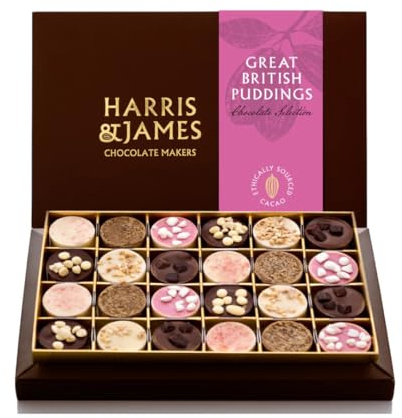 Harris & James Great British Puddings 24 Piece Chocolate Box. Handmade Luxury Chocolates From Bean To Bar. Eton Mess, Sticky Toffee, English Trifle, Millionaire's Slice, Orange Torte & Cherry Bakewell
