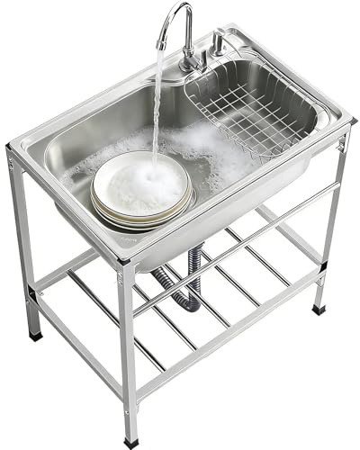Lavandino Indipendente, Lavandino for Lavanderia in Acciaio Inossidabile con Supporto in Metallo Resistente, Rubinetto, Cestello di Scarico e Tubo Flessibile for Lavanderia, Garage, Cucina