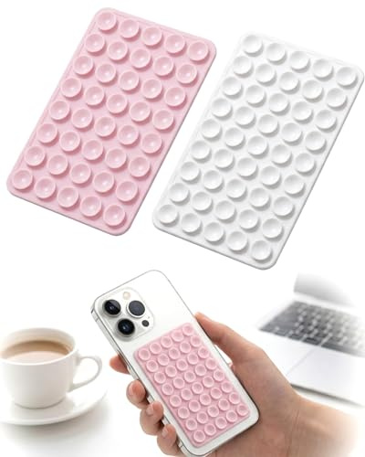 AEUXZA 2 Pezzi Supporto per Telefono con Ventosa in Silicone Adesivo Antiscivolo per il Retro Vlogging Streaming Foto Compatibile con iPhone Android Rosa Chiaro Bianco