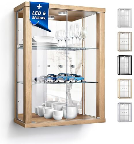 K-Möbel Wandvitrine (80x60x25cm) - Made in Germany - Glasvitrine hängend mit 2 höhenverstellbaren Glasböden aus ESG, Spiegel & LED in Buche - Schrank mit Glastüren - Hängevitrine Glas