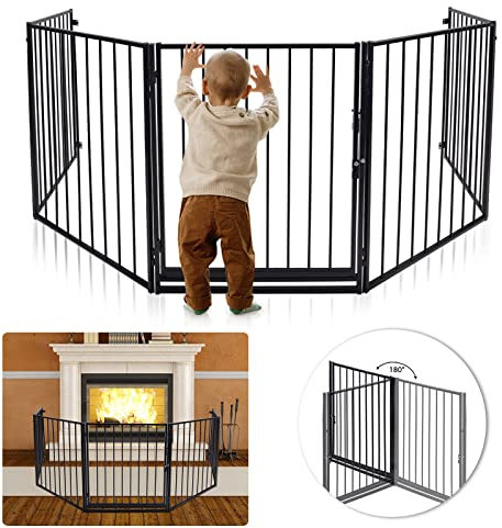 LARS360 Grille de protection de cheminée avec porte de sécurité en métal, 5 éléments, grille de protection, pliable, sécurité 60 x 76 cm, longueur totale 305 cm