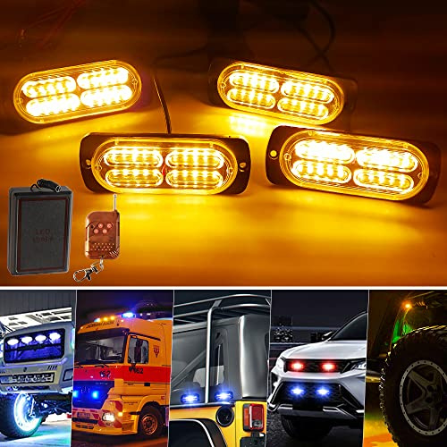 yifengshun 4x20 LED Lampeggiante Giallo Polizia Lampada Lampeggiante Di Emergenza Con 18 Modalità Stroboscopiche Polizia Auto LED Luce Con Telecomando Wireless Per Auto Camion Furgoni Trattori 12-24V