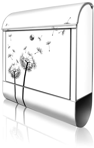 banjado Design Briefkasten personalisiert 38,5x46,5x13cm & 2 Schlüssel - Briefkasten Stahl Weiß Zeitungsfach pulverbeschichtet - Postkasten A4 Einwurf inkl. Montagematerial - Motiv Pusteblume 2