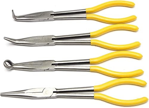DUXEDO Iron Tongs,Pliers,Carpenters Pincers,Pincers, 11 Inch Extra Long Nose Pliers Straight Bent Mechanic Equipment Hand Tool Set 4Pcs (Color : Silver)