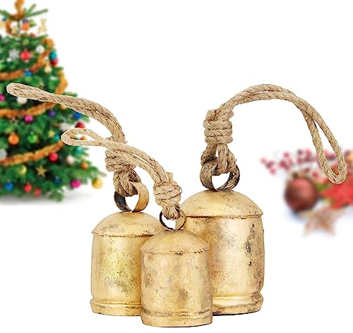 Vintage Rustic Cow Bell Christmas Bell Set - Shabby Chic Holiday Decor - Set of 3 Bells in Various Sizes- Create a Festive Ambiance and Invite Good Luck. (Medium (3.5 4.5 5.5 H)