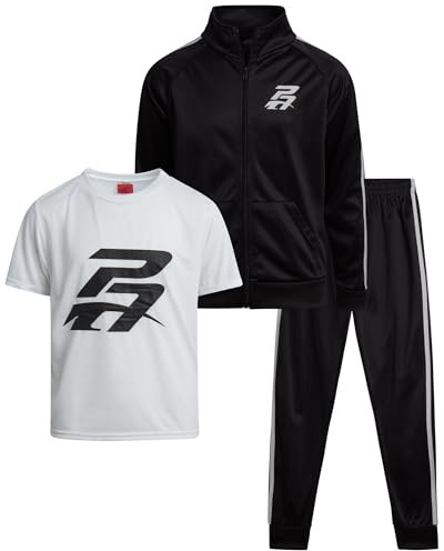 Pro Athlete Boys Tracksuit Set - 3 Piece Breathable Tricot Zip Up Sweatshirt Athletic Graphic Tees & Jogger Sweatpants, Size 10, Black/White