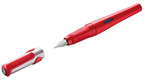 Pelikan Pelikano Original Füllhalter Rot, für Rechtshänder, Feder M, inkl. 1 Großraumtintenpatrone Königsblau – Soft-Griffzone, Edelstahlfeder – Made in Germany