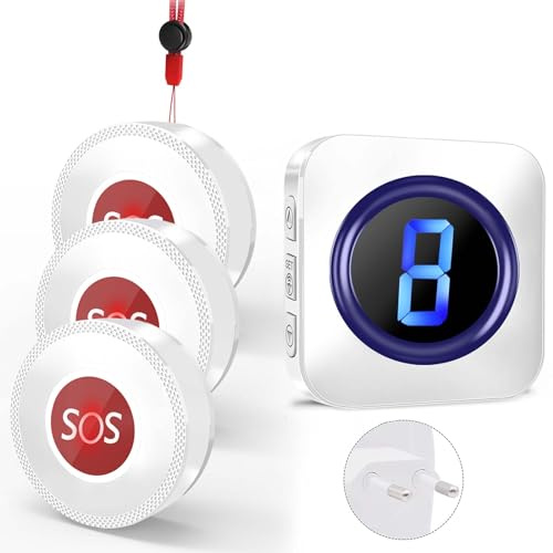 Bouton d'appel d'urgence pour Personnes âgées - Alarme étanche - Appel d'urgence Domestique - Alarme Panique - Caregiver Pager 3 SOS Appel d'urgence - Sonnette sans Fil portée de 300 m - 5 Niveaux de