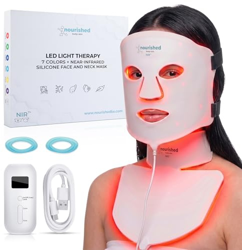Nourished Bodynskin Maschera LED a 7 Colori per Viso e Collo con Infrarossi Vicini - Terapia della Luce Blu, Rossa per il Viso - 912 LED - Strumento per la Cura della Pelle Anti-Età
