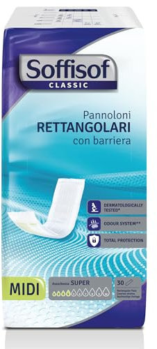 Soffisof Classic Pannoloni Rettangolari con Barriera - 30x Pannoloni per Anziani - Assorbenza fino a 4 Gocce - Ausili Incontinenza Uomo e Donna, Confezione Singola