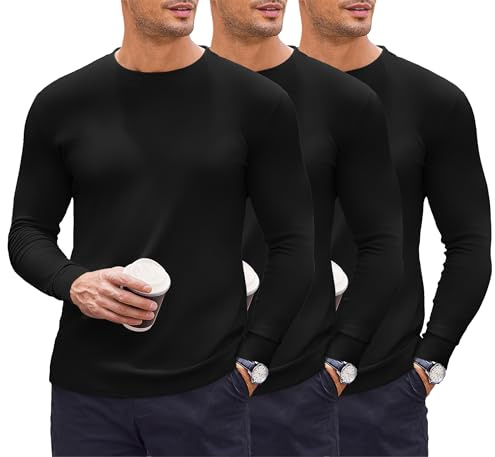 Ekouaer 3-pack termounderkläder herr topp termoskjorta herr långärmad termoundertröja långärmad tröja herr vinter undertröja S-XXXL, Svart 3 st, L