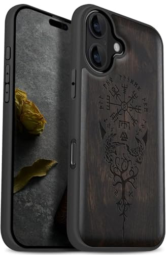 Carveit Holz Cover für iPhone 17, Dunklesholz-Wikingerkompass | Handyhulle kompatibel MagSafe Massivholz für iPhone 17 Handyhülle Stoßstange Weich TPU Case