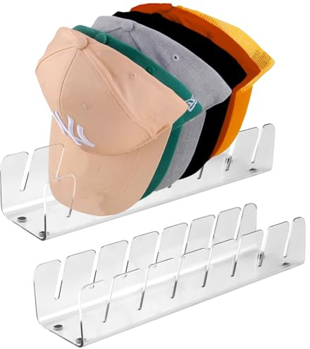 Set da 2 Porta Cappelli in Acrilico Trasparente, Organizzatore per 14 Cappellini, Appendi Cappelli Autoportante Senza Installazione, Soluzione Salvaspazio per Ripiani e Tavoli