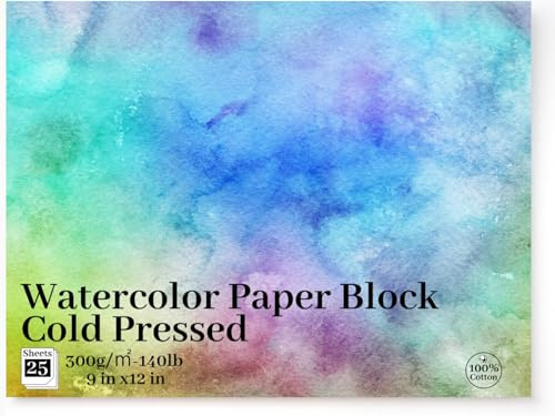 Watercolour Paper Block 9x12 Inch-100% Cotton Watercolor Pad, 25Sheets, 300gsm/140lb Cold Press, Acid-Free, Professional Artist Qualit