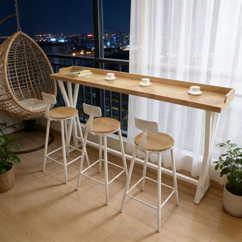 Höga Bartabeller med Railingar, Industriell Rektangulär Pubbord, Massivt Trä Material, För Bistro Matsal Vardagsrum, Utan Stol(Beige,140x40x105cm/55x16x41in)