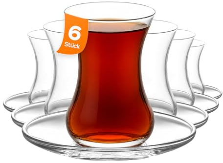NORDIC SCHILLER Türkische Demet Teegläser & Unterteller Set 135 ml 12-teilig (6 Personen Set), 6 Teegläser und 6 Untertassen, Teebecher, Cay Bardagi