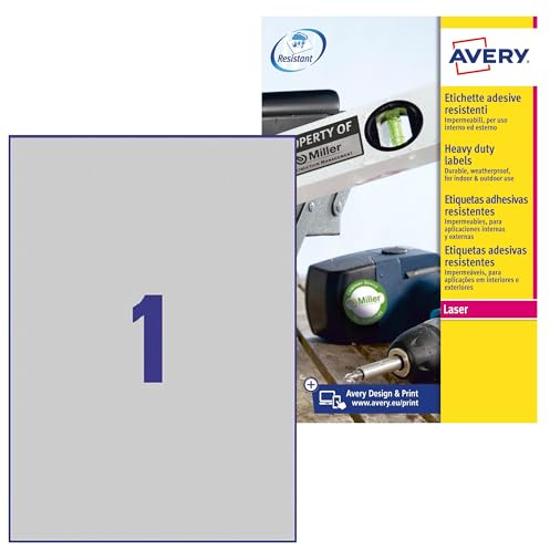 AVERY Zweckform L6013-20 Typenschild Folienetiketten (20 Aufkleber, 210x297mm auf A4, stark selbstklebend, strapazierfähig, wetterfest, bedruckbare Klebefolie, blanko) 20 Blatt, silber