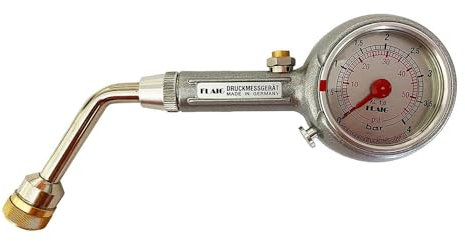 Flaig Reifendruckmesser 0-4 bar ? Qualität Made in Germany - Präziser Luftdruckprüfer mit Ablassventil & Schräganschluss, ± 1% Messgenauigkeit, für Motorrad, Auto, Wohnmobil, MTB & mehr