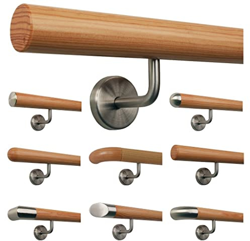 Corrimano per scale in legno di larice, con manico in acciaio inox, lunghezza 30 – 500 cm in un unico pezzo/variante: 150 cm con 3 supporti – estremità: smussato