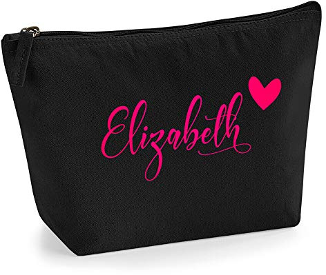 Personalisiert Name Initialen im Herz Design Kosmetiktasche Damen Schminktasche für Handtasche Makeup Tasche mit Texturdruck - Neonrosa Flocke - L | Schwarz