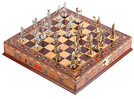 Historical Egypt Pharaoh Figures Metal Chess Set for Adult,Handmade Pieces and Natural Solid Wooden Chess Board with Pearl Design Around Board and Storage Inside King 3.4inc