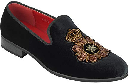 Xposed Mens Velvet Loafers Bee & Crown Embroidered Motif Vintage Dress Shoes Slip on Slippers[A2556H,9UK,Black]