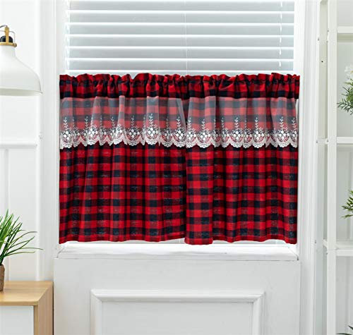 Dreamskull Kurzstores Gardinen Landhaus Küche Kurz Fenster Blickdicht Modern Scheibengardine Bistrogardine Kurzgardine Stangendurchzug Kurzvorhang Vorhang Kariert 2er Set (HxB 61 * 74cm *2)